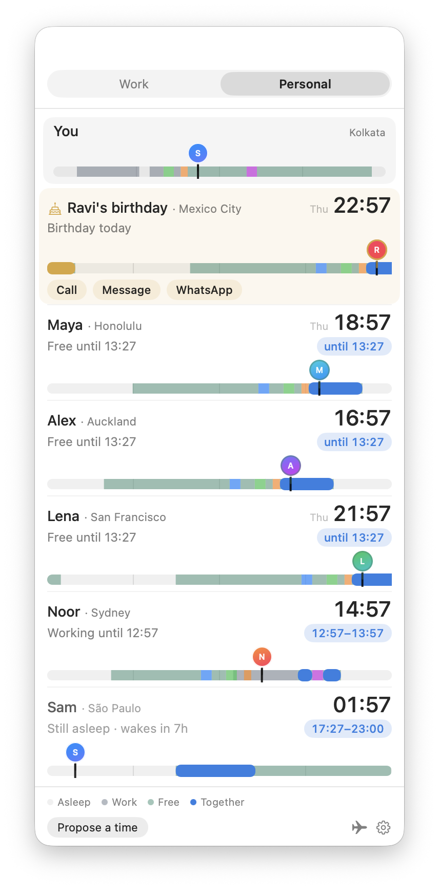 A birthday row turned gold with Call, Message, and WhatsApp actions